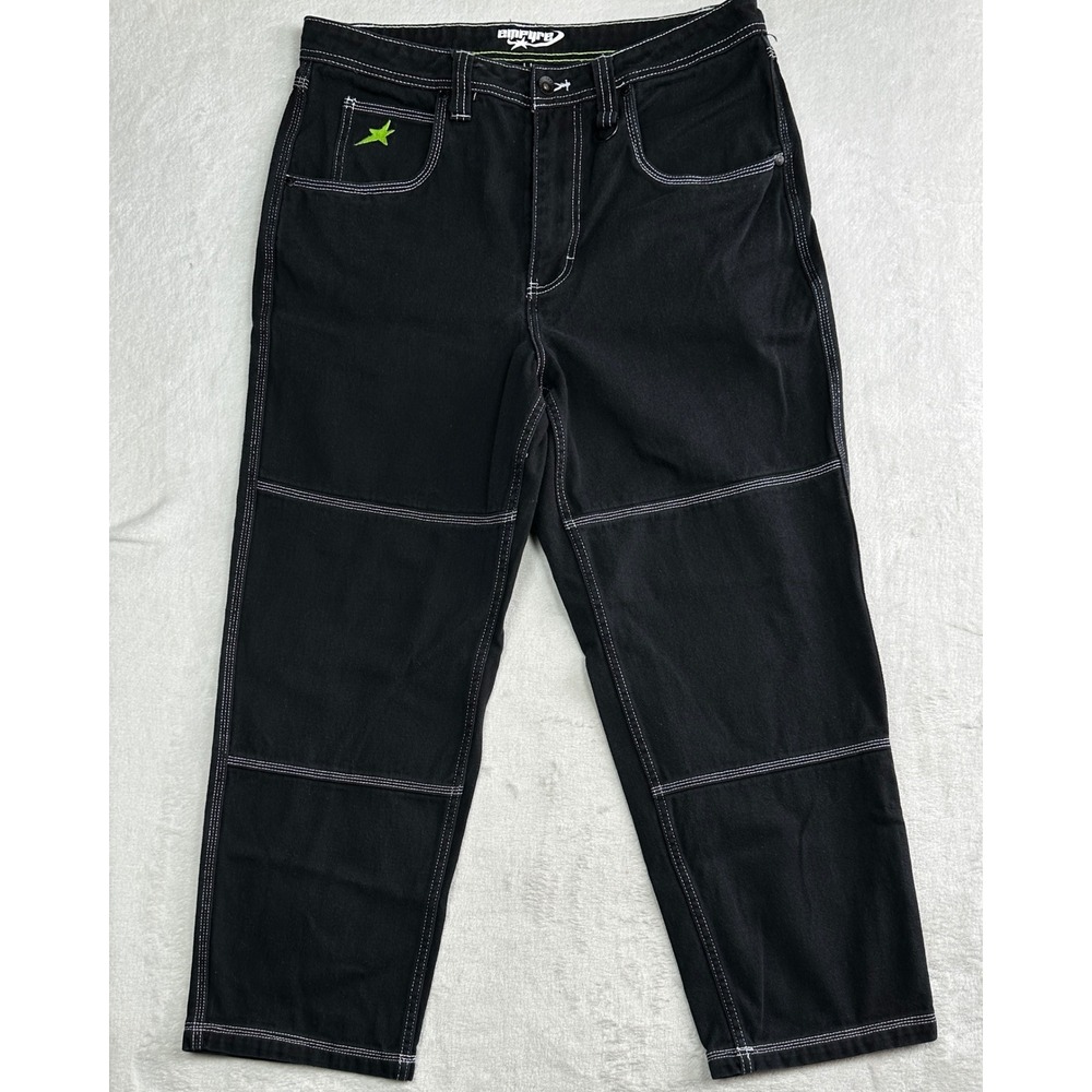Empyre Loose Fit Skate Jeans Black Contrast Stitch Lime Green Star Mens 34 x 28